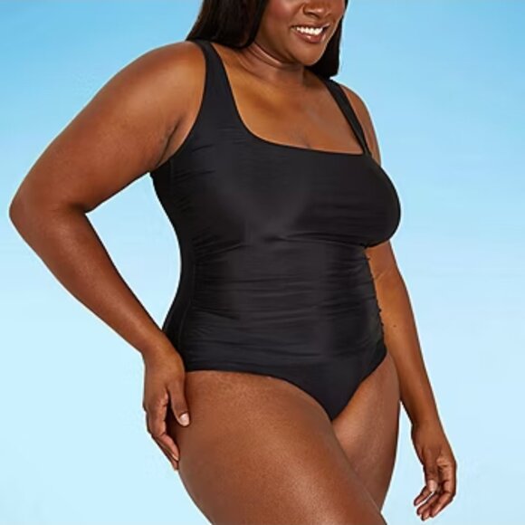 NWT Sonnet Shores Black Ruched Square Neck One Piece Swimsuit Size 24W - Picture 6 of 11